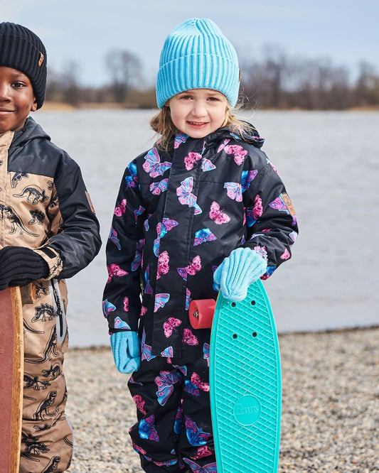 Printed Mid-Season One-Piece Outerwear Multicolored Butterflies On Black Background-1