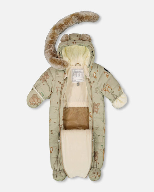 One-Piece Baby Layette Snowsuit Designed For Car Seat Green Animal Print-1