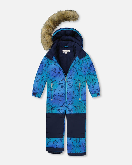 One-Piece Discover Snowsuit Blue Gradient Dinosaur Print-1