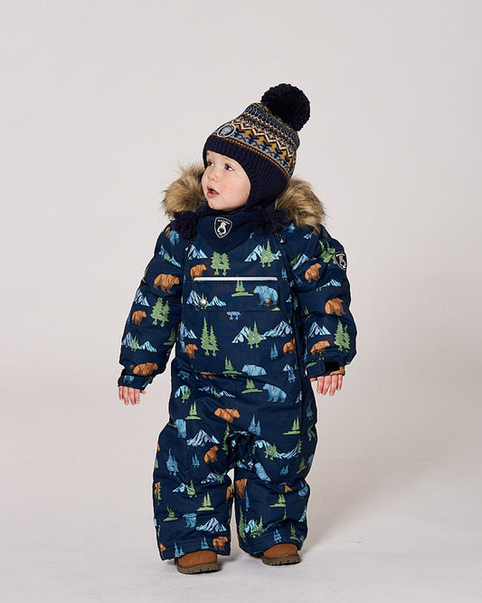 One-Piece Baby Play Snowsuit Designed For Car Seat Navy Animal Print-1