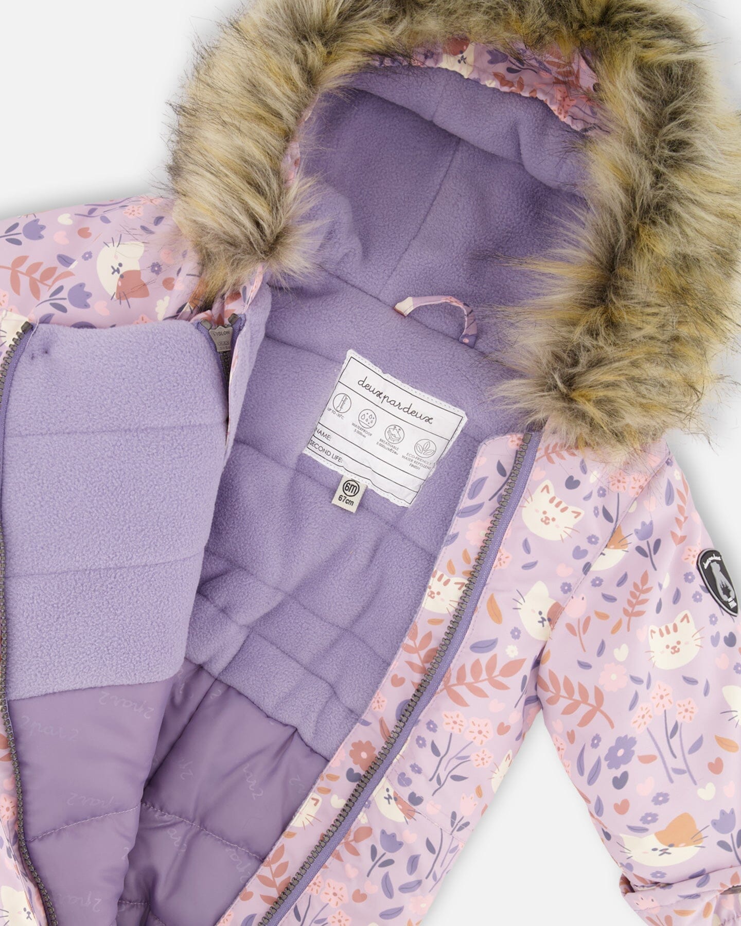 One-Piece Baby Play Snowsuit Designed For Car Seat Lilac Cat Print-4