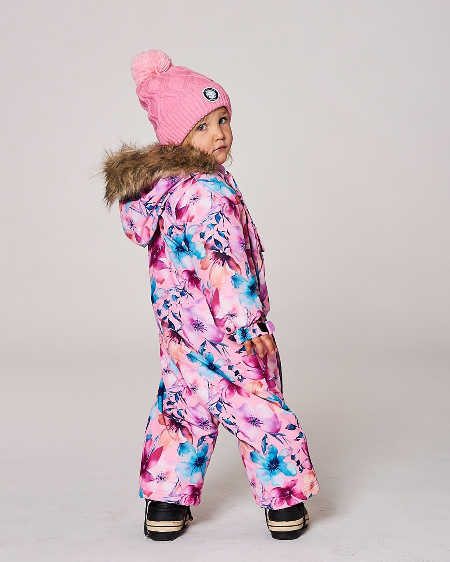 One-Piece Baby Play Snowsuit Designed For Car Seat Pink Watercolor Flower Print-1