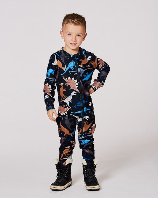One-Piece Thermal Underwear Black Dinosaur Print-1