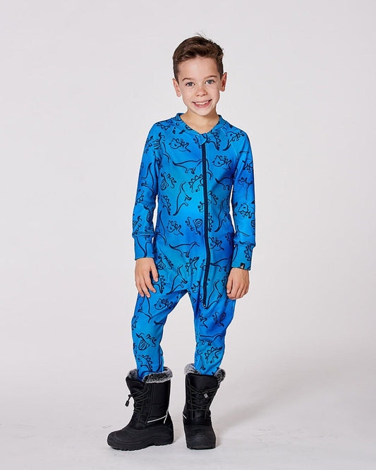 One-Piece Thermal Underwear Blue Gradient Dinosaur Print-1