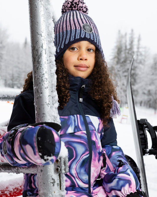 Lined Peruvian Knit Pompom Hat Black And Purple-1