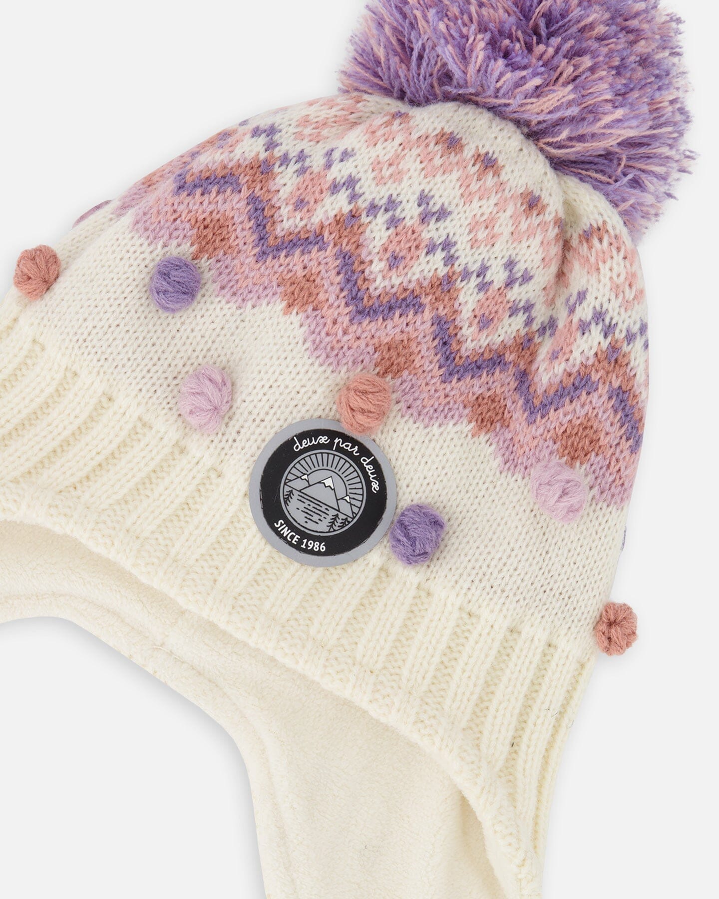Lined Peruvian Knit Pompom Hat Off-White And Lilac-3
