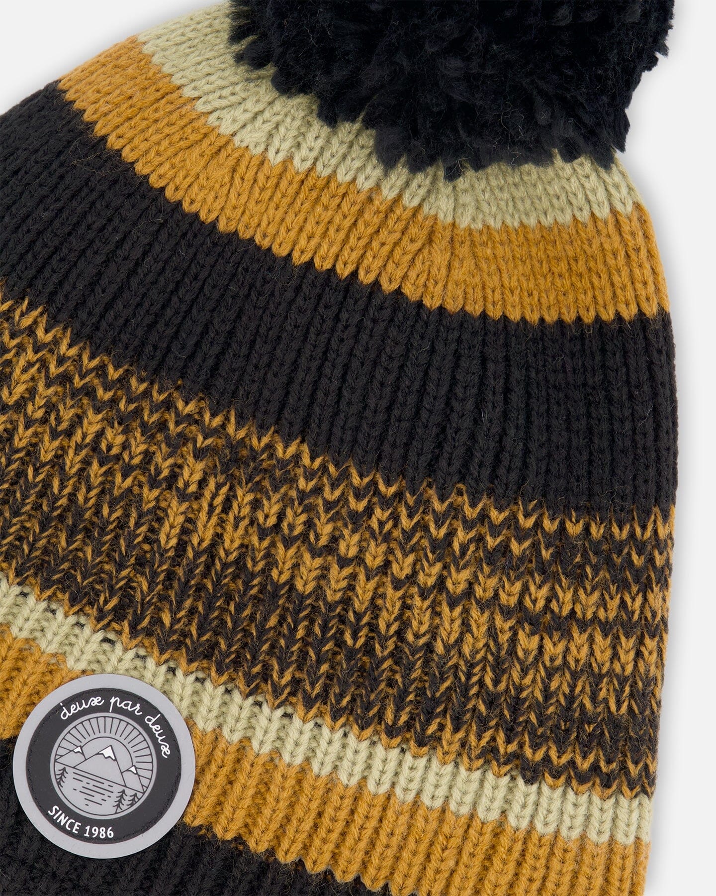 Lined Knit Pompom Hat Black And Ocher-3