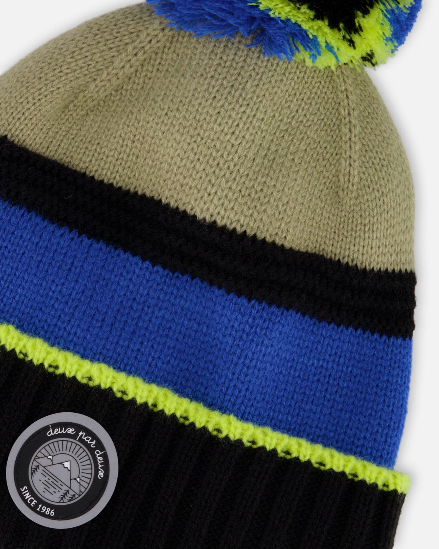 Lined Knit Pompom Hat Black, Taupe And Lime Green-4