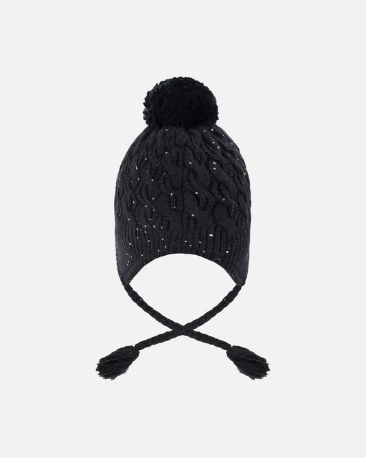 Winter Peruvian Knit Hat With Pompom And Lining Black-1