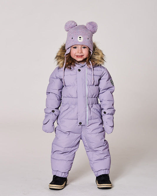 Lined Baby Knit Hat With Pompoms Purple Gray-1