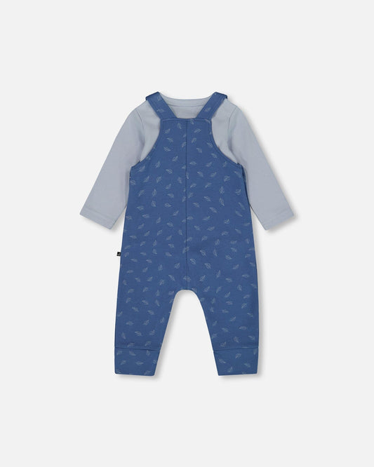 Organic Cotton Onesie And Overalls Set Blue Leaf Print-1