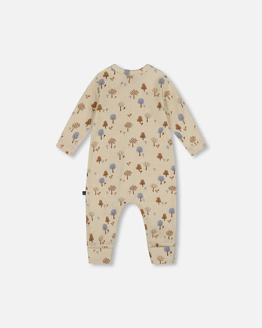 Organic Cotton Zipped Romper Beige Tree Print-1