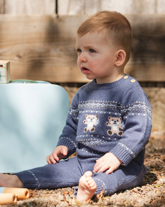 Knitted Jacquard Sweater And Pant Set Blue Gray With Bears-1