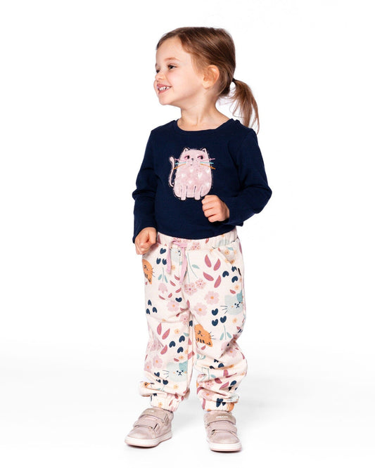 Glittering French Terry Sweatpant Beige Cat Print-1