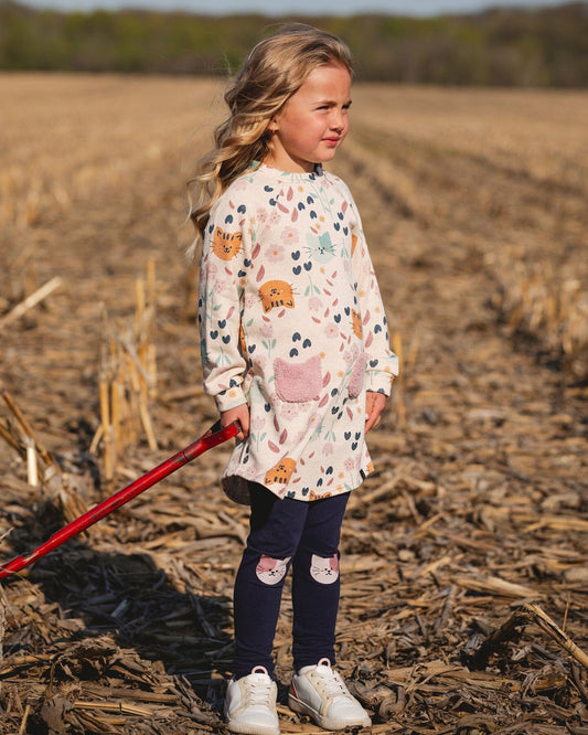 Organic Cotton Jersey Leggings Dark Blue With Cats-1