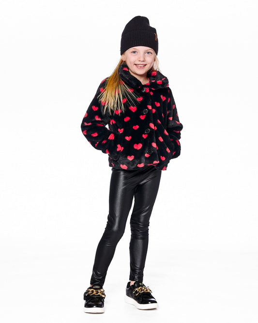 Faux Fur Short Coat Black And Red With Hearts-1