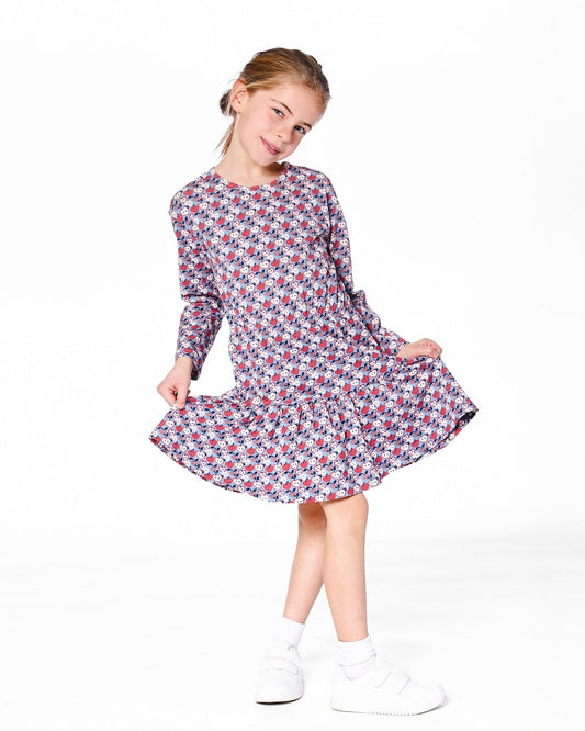 Organic Cotton Dress With Flounce Hem Blue Apple Print-1