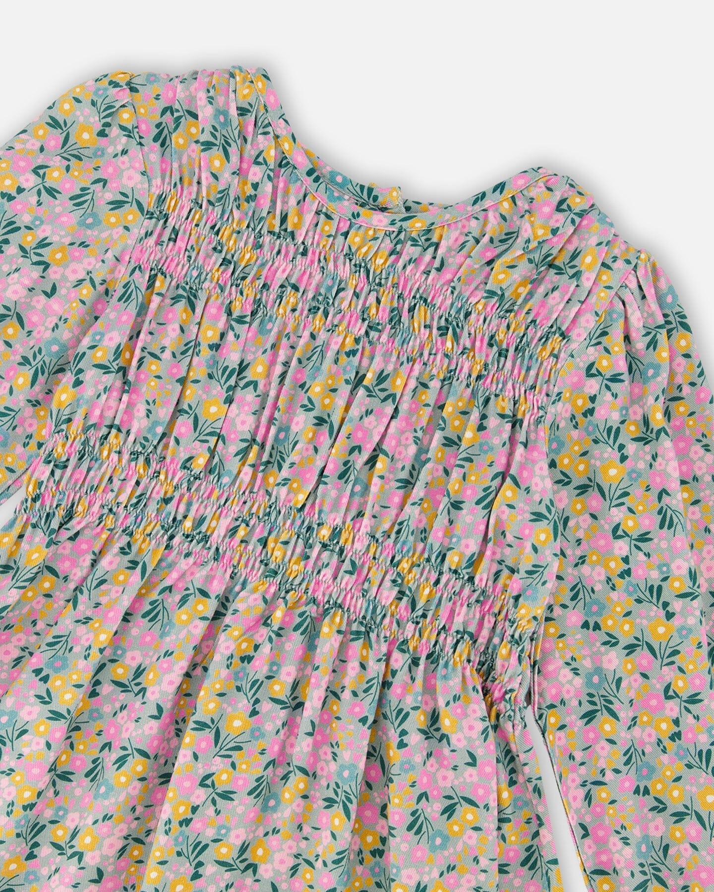 Smocked Viscose Dress Green With Floral Print-4