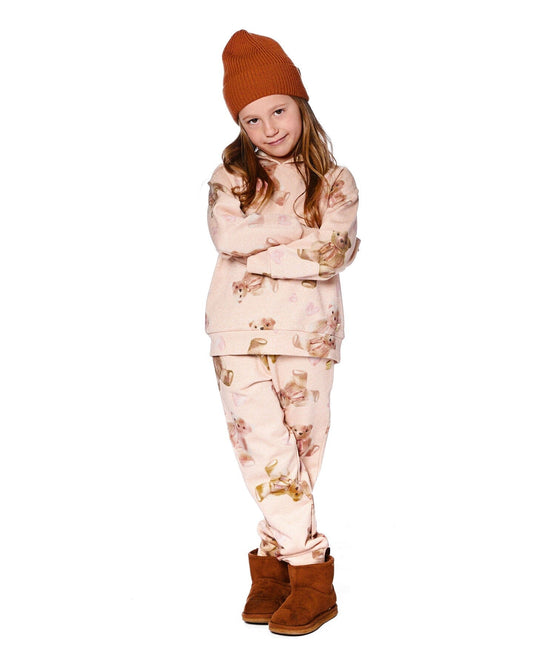 Glittering French Terry Sweatpants Beige Teddy Bear Print-1