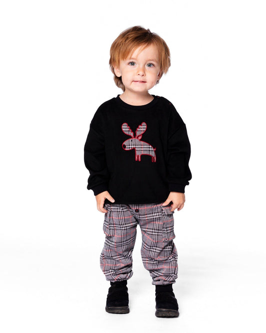 Sweater And Cargo Pants Set Black With Moose Applique-1