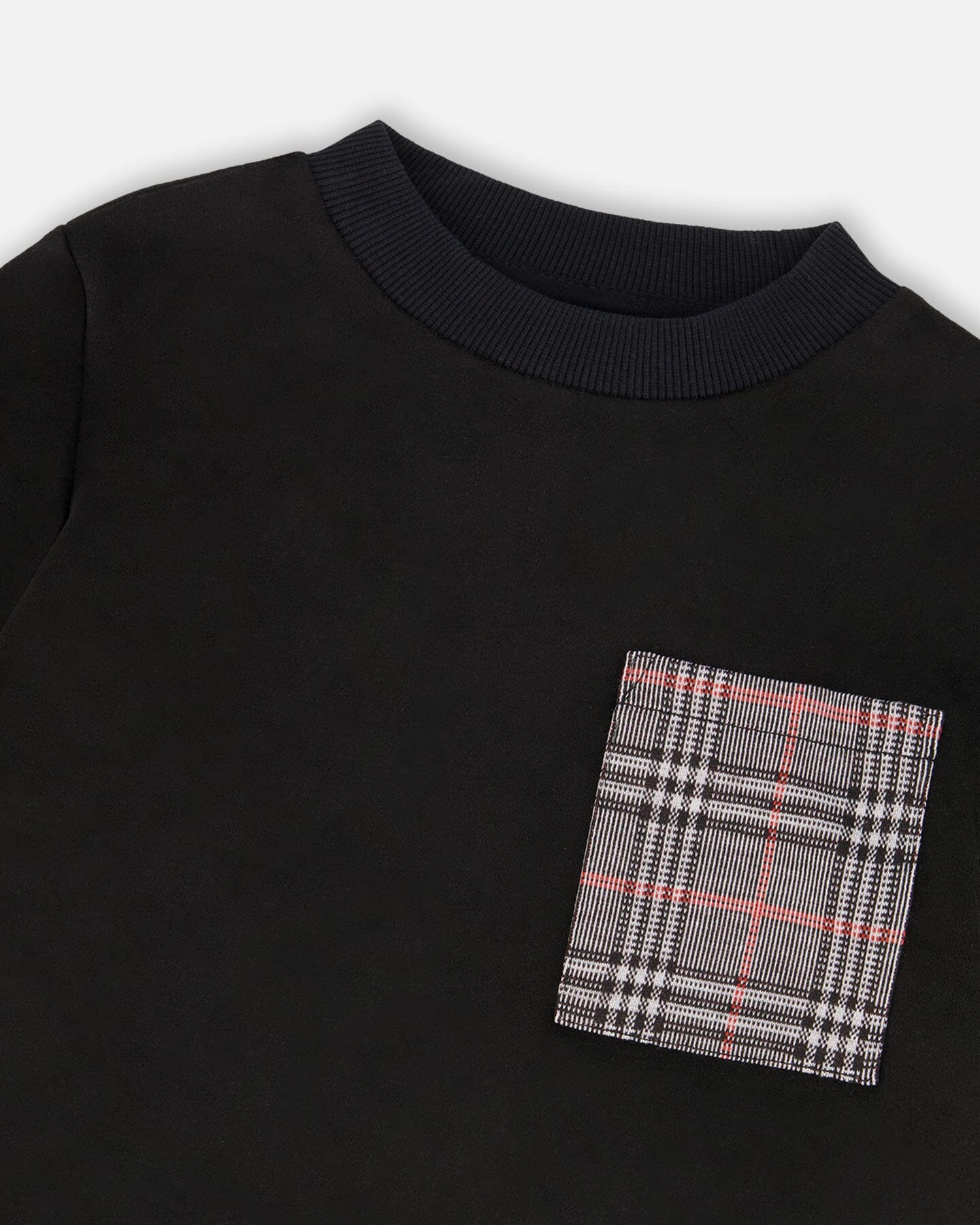 Super Soft Brushed Jersey Long Sleeve Top Black With Plaid Pocket-3