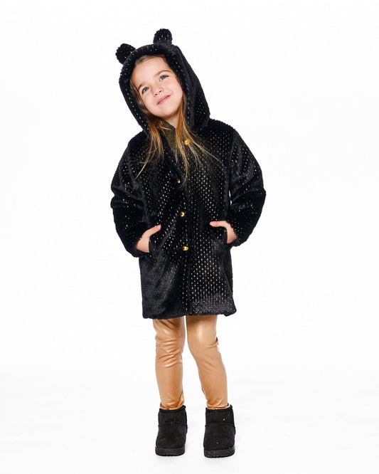 Bear Faux Fur Coat Black With Gold Polka Dots-1
