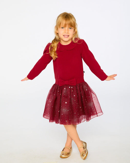 Bi-Material Dress With Glittering Skirt Red-1