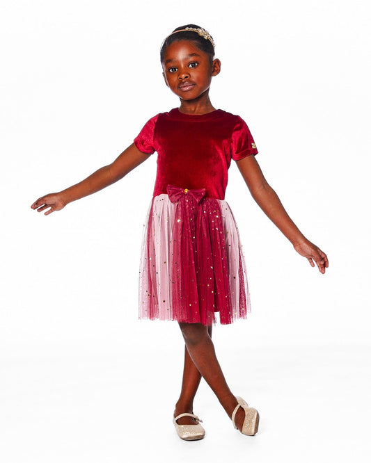 Bi-Material Short Sleeve Party Dress Red-1