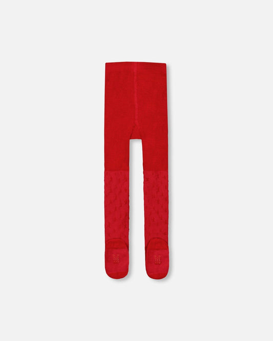 Knit Tights Red With Tone-On-Tone Star Pattern-1