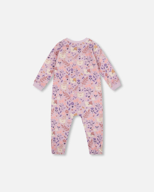 One-Piece Organic Cotton Pajama Lilac Cat Print-1