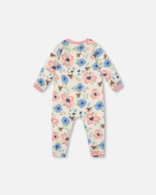One-Piece Organic Cotton Pajama Off-White Flower Print-1