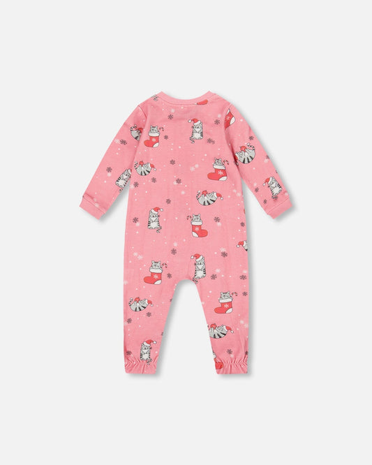 One-Piece Organic Cotton Pajama Pink Cat Print-1