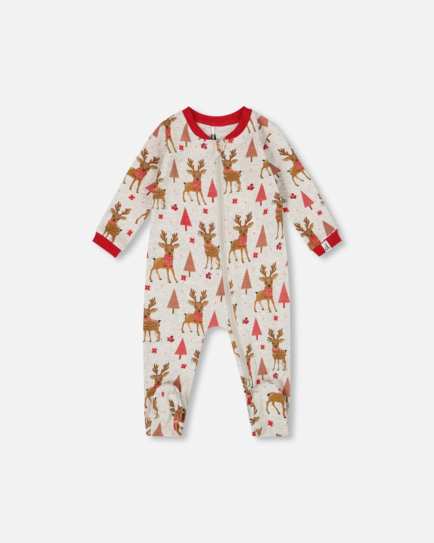 One-Piece Organic Cotton Pajama Beige Girly Reindeer Print-0