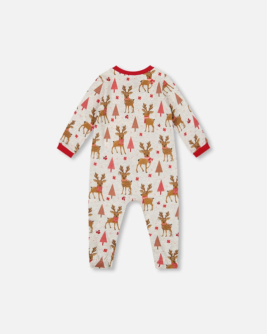One-Piece Organic Cotton Pajama Beige Girly Reindeer Print-1