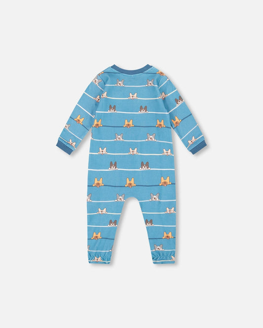 One-Piece Organic Cotton Pajama Blue Dog Print-1