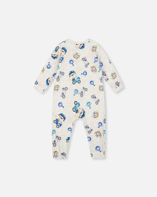 One-Piece Organic Cotton Pajama Beige Monkey Print-1