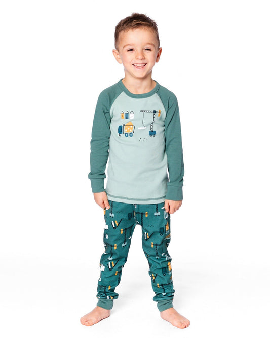 Two-Piece Organic Cotton Pajama Set Teal Construction Print-1