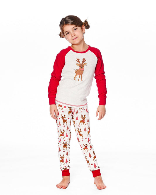 Organic Cotton Two-Piece Pajamas Beige Girly Reindeer Print-1