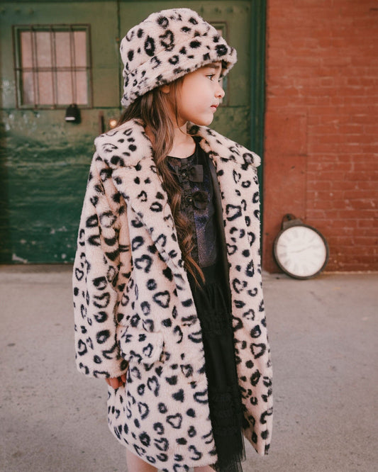 Printed Fake Fur Long Coat Black And Beige Leopard-1