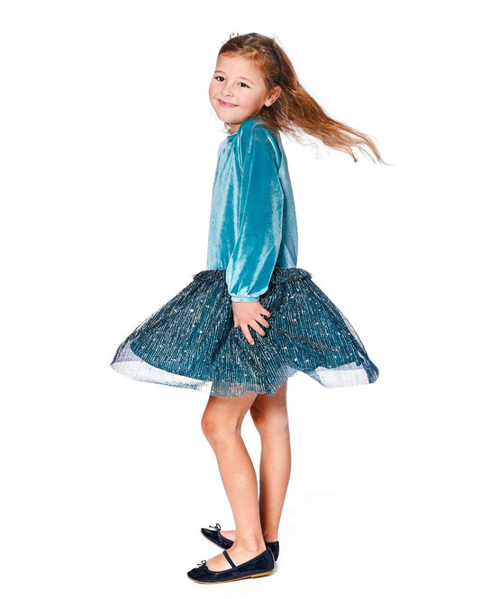 Long Sleeve Bi-Material Velvet And Pleated Mesh Dress Teal Blue-1