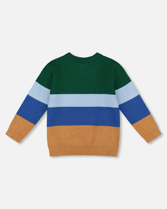 Long Sleeve Knit Sweater Blue, Green And Brown-1
