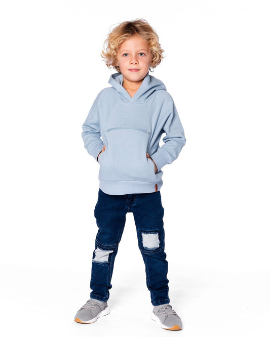 Pullover Hooded Fleece Sweatshirt With Zip Pocket Light Blue-1