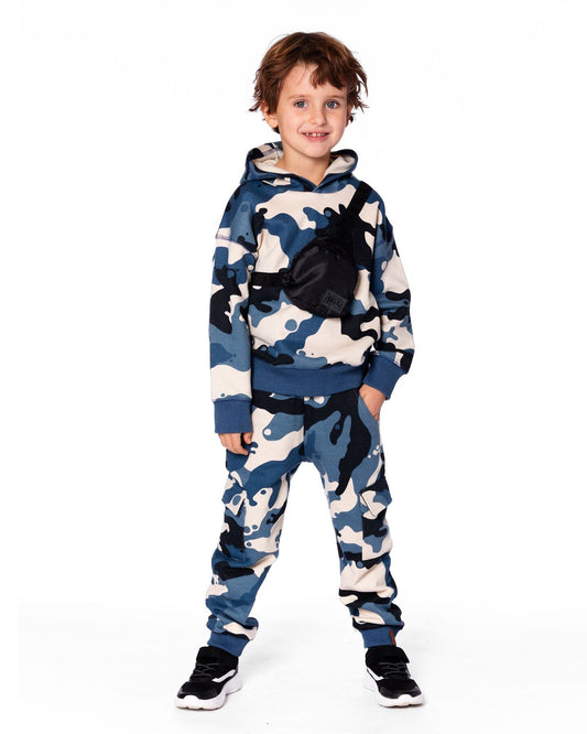 Hooded Fleece Sweatshirt With Crossbody Bag Blue Camouflage-1