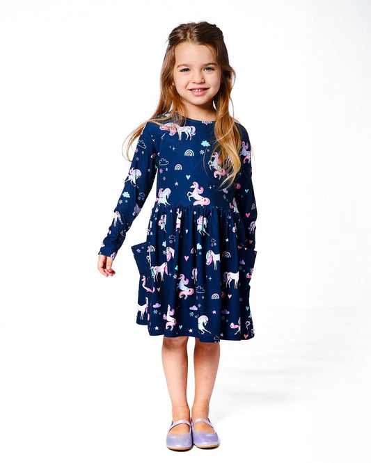 Jersey Dress With Pockets Navy Unicorn Print-1