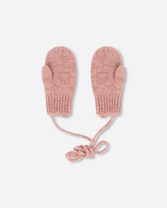 Baby Knit Mittens With String Dusty Pink-1