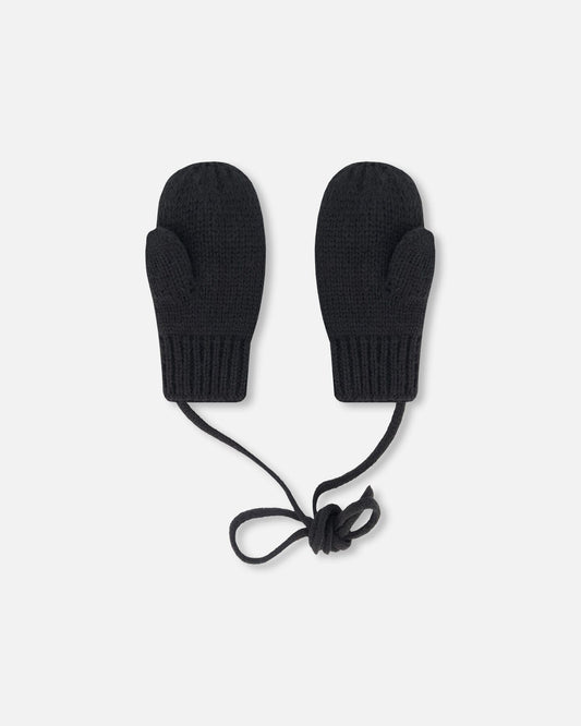 Baby Knit Mittens With String Black-1