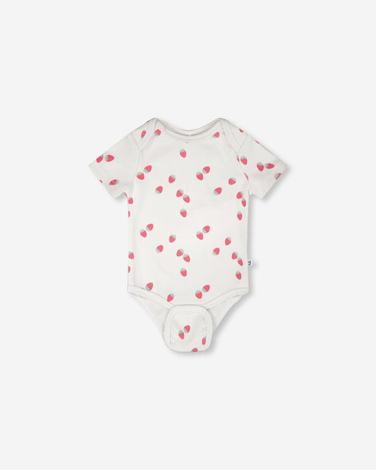 Evolutive Cotton Rib Jersey Onesie White Printed Strawberries-1