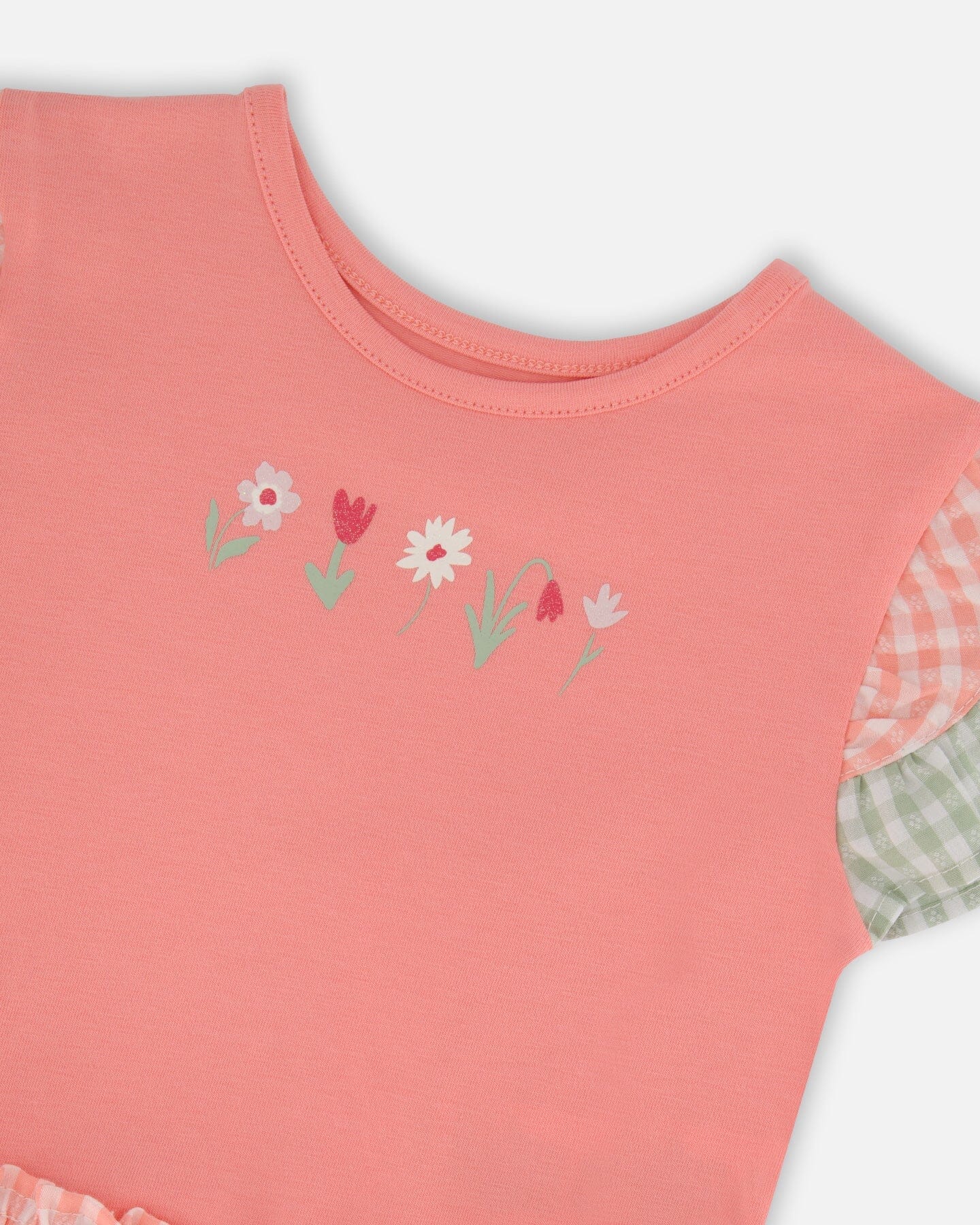 Organic Cotton Bi-Material Dress Coral And Gingham-3