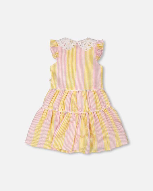Sleeveless Dress With Crochet Peter Pan Collar Pink And Yellow Stripes-1