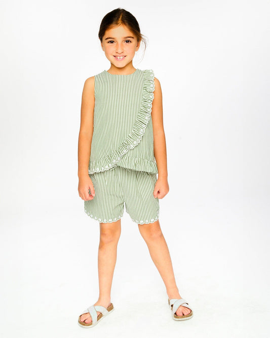Shorts Green And Off White Stripes With Embroidery-1